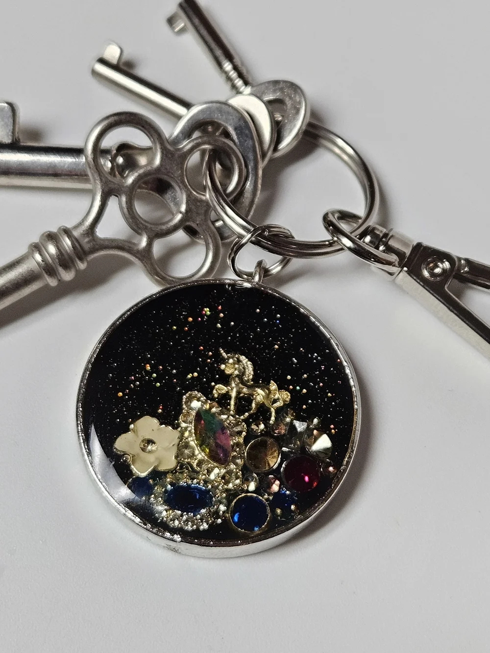Gold Unicorn In Outer Space Crystal Mountain Round Keychain Bag Charm